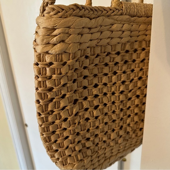 New Jewel & Clara Camel bamboo handle long straps woven straw bag lined - Picture 5 of 10